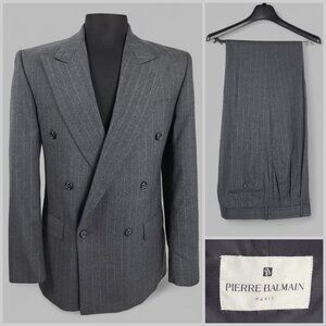 Pierre Balmain 38R 2-Piece Double Breasted Gray Striped Suit Pants W31xL31